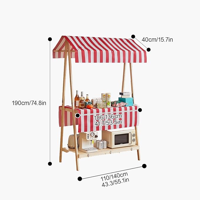 Movable Stall Display Stand, Foldable Vending Stand Kiosk Display Trolley with Canopy, Portable Food Cart, for Selling Snacks/Sweets/Toys, Multiple Colors(White,140 * 190cm)