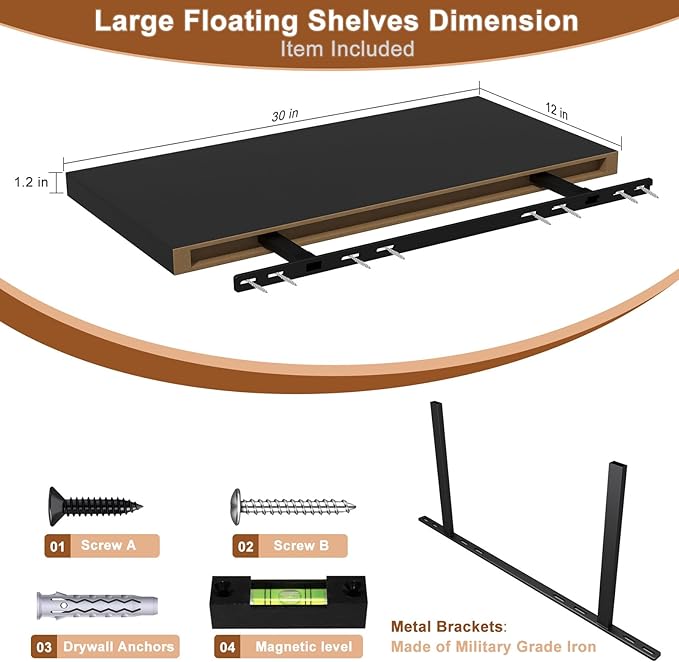 12 Inch Deep Floating Shelves for Wall 2 Pack Floating Shelfs Large Storage Space Wall Decor Display Shelf for Bathroom Living Room Bedroom Kitchen 30" W x 12" D x 1.2" H Black