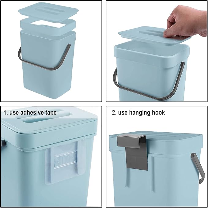 LALASTAR Small Trash Can with Lid, Compost Bin Indoor Kitchen Sealed Under Sink for Kitchen, Food Waste Bin for Countertop, Mountable Garbage Can for Bathroom, RV, 5L/1.3 Gal, Blue