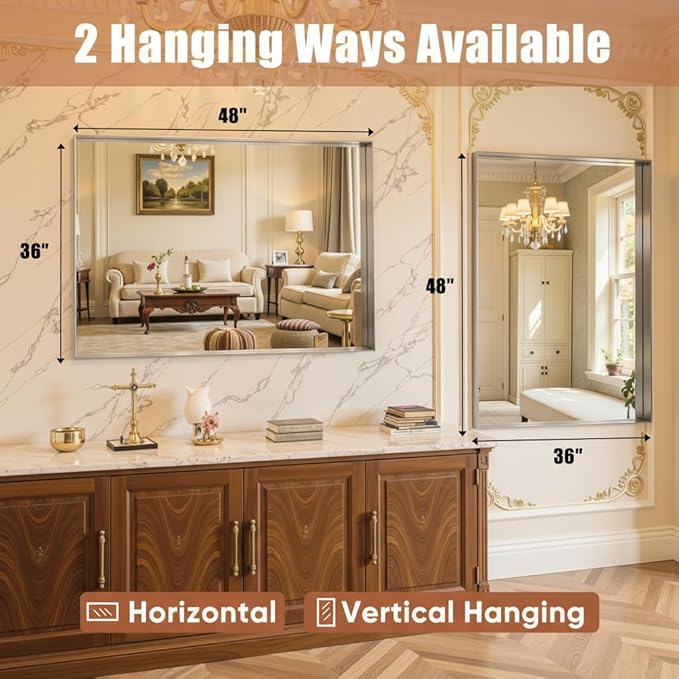 48"x36" Silver Framed Bathroom Mirror, Large Rectangular Vanity Mirror, Aluminum Metal Frame, Wall Farmhouse Modern Wall-Mounted Mirrors for Bathroom, Bedroom, Living Room, Over Sink