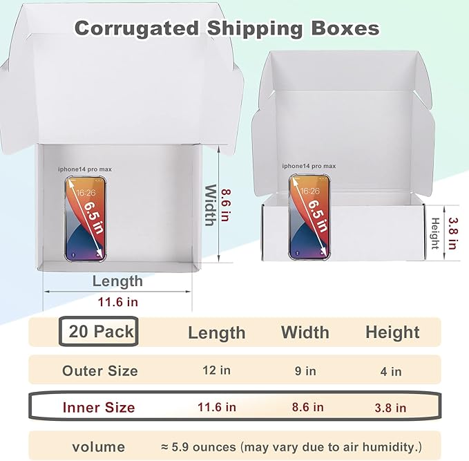 MEBRUDY 12x9x4 Shipping Boxes, 20 Pack White Literature Mailer Corrugated Cardboard Box for Small Business Mailing Packaging