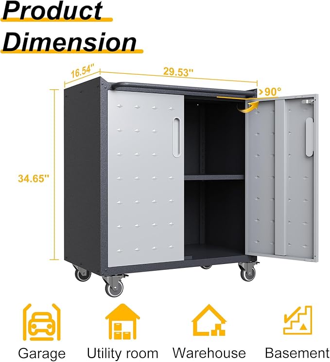 Metal Storage Cabinet with Wheels, Lockable Rolling Tool Chest with Adjustable Shelf & Handle & 2-Doors, Mobile Steel Locker for Garage, Home, Office, School, Assembly Required, Black&Grey