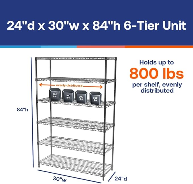 Shelving Inc. 24" d x 30" w x 84" h Chrome Wire Shelving with 6 Tier Shelves, Weight Capacity 800lbs Per Shelf