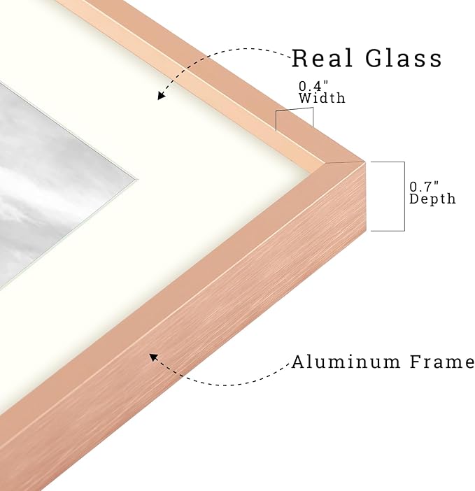 Frametory, 11x14 Metal Picture Frame with Mat for 8x10 Picture & Real Glass, Aluminum Photo Frame Collection (Rose Gold, 1 Pack)