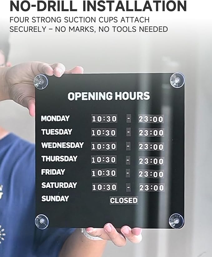 Metal Business Hours Sign with Suction Cups - Magnetic Open Closed Display Board for Storefront Window, Glass Door, Tile Wall & Counter - Changeable, Reusable & Rust-Resistant Steel Kit