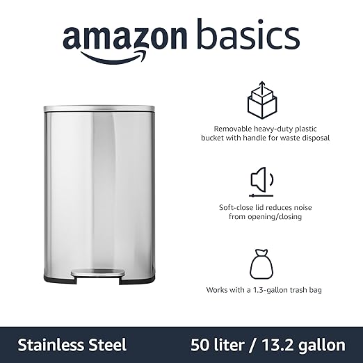 Amazon Basics Smudge Resistant Rectangular Trash Can With Soft-Close Foot Pedal, Brushed Stainless Steel, 50L/13.2 Gal, 16.7x14.7x25.9 in, Satin Nickel Finish