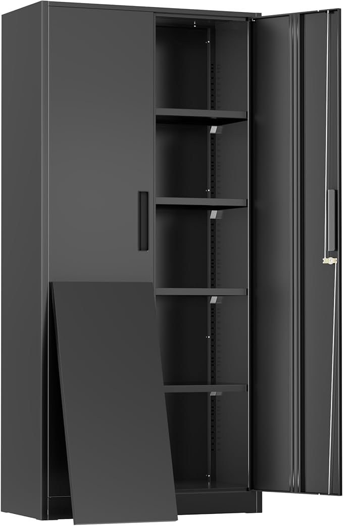 Greenvelly Metal Storage Cabinet, 72" Black Steel Garage Cabinet with Doors and Adjustable Shelves, Metal Cabinet with Lock,Garage Cabinets and Storage System for Garage,Home Office,School
