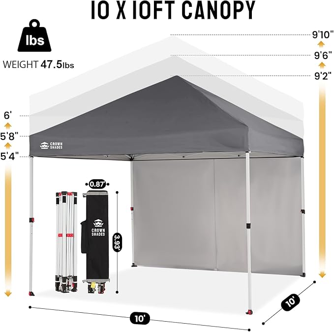 CROWN SHADES 10X10 Comercial Instant Canopy Pop Up Tent with Center Lock, 300D Fabric, 4 Sidewalls, Sto'N Go Bag, Grey