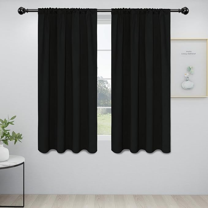 Easy-Going Rod Pocket Blackout Curtains for Bedroom, Room Darkening Window Curtains for Living Room, Thermal Insulated Noise Reduction Solid Window Drapes, 2 Panels(34x63 in, Black)