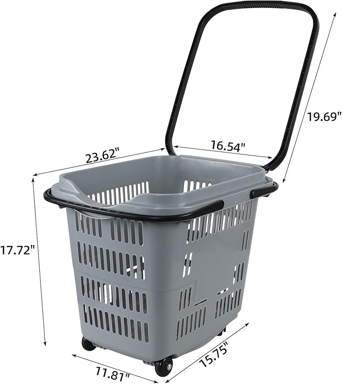 Readsky 4-Pack Large Plastic Rolling Shopping Basket with Handles, 50 L Shopping Basket with Wheels for Supermarkets Retail Stores, Gray