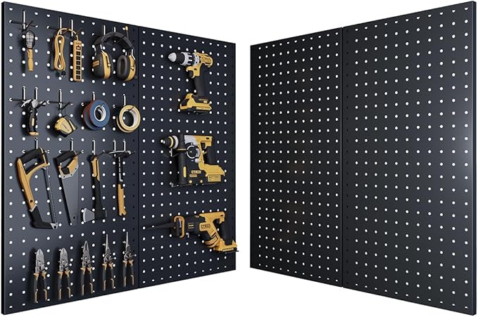 Pegboard, Metal Peg Board, Pegboards Wall Organizer with 76 Pcs Hooks, Sturdy Peg Board for Garage Tool Organization, Home & Office Wall Decoration (Black, 4 Pack)