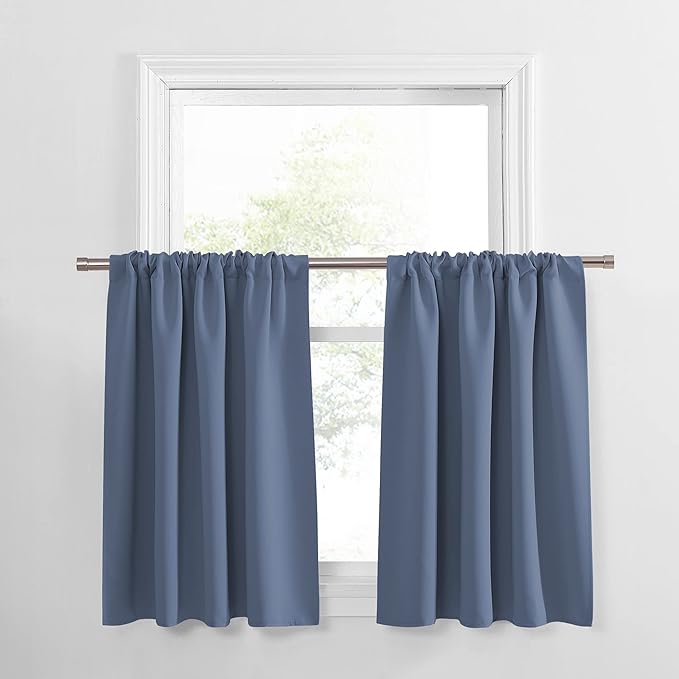 PONY DANCE Window Curtain Valances - Shade for RV Camper Bathroom Basement Noise Reduction and Privacy Protection, 42 x 30 inches, Blue Haze, 2 Panels