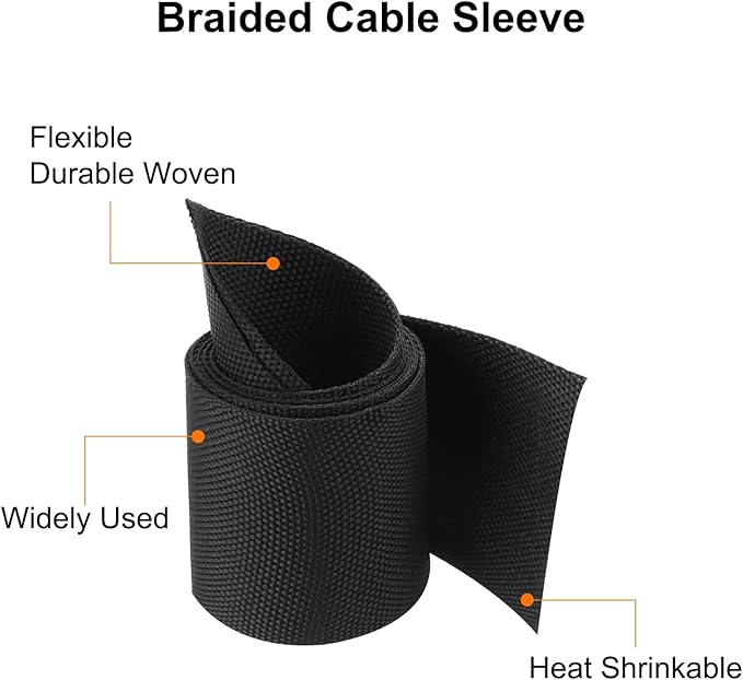 MECCANIXITY Braided Cable Sleeves Heat Shrinkable Fabric Sleeving, 1 9/16" 3ft Black 2:1 Ratio Heat Shrinkable Cord Protector for Harness Cable, Network Cable Protection, Cable Management
