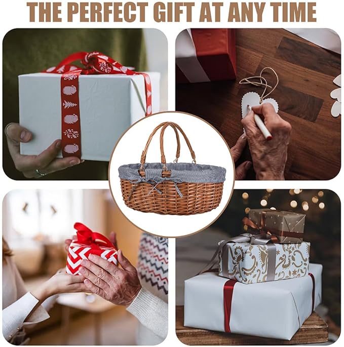 Large Wicker Picnic Basket with Handles,Handle Sturdy Woven Body with Removable and Washable Lining,Outdoor Camping,Gift Packing,Garden Picking, Storage.Gray