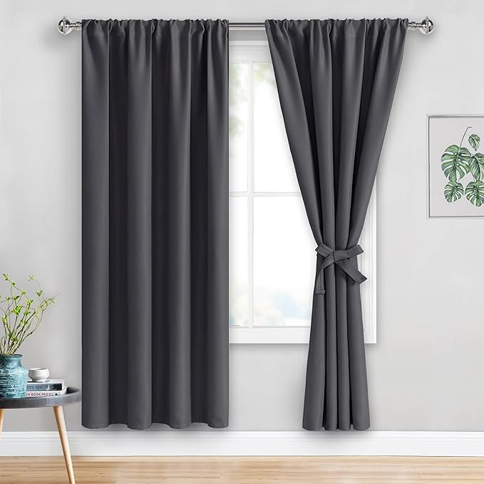 JIUZHEN Blackout Curtains for Bedroom - Thermal Insulated Room Darkening Rod Pocket Curtains for Living Room, Set of 2 Panels with Tiebacks, 38 x 72 Inch Length, Dark Grey