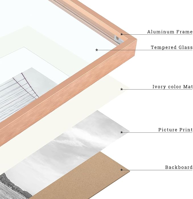 Frametory, 11x14 Metal Picture Frame with Mat for 8x10 Picture & Real Glass, Aluminum Photo Frame Collection (Rose Gold, 1 Pack)