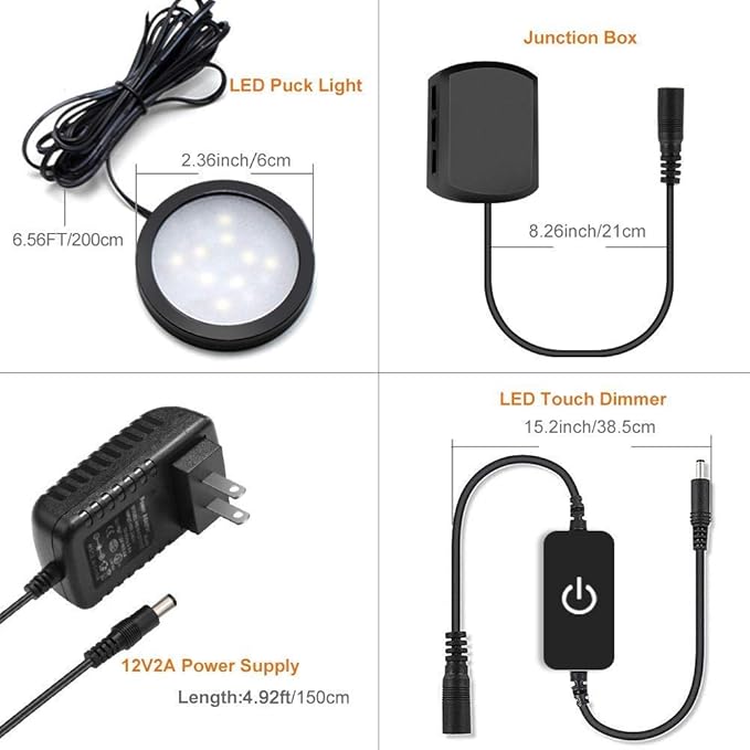 YGS-Tech LED Under Cabinet Lighting Kit, 1020 Lumens LED Puck Light, 3000K Warm White, CRI90+, Touch Dimming, Black Trim All Accessories Included, for Kitchen, Closet Lights, Safe Light, 6-Pack