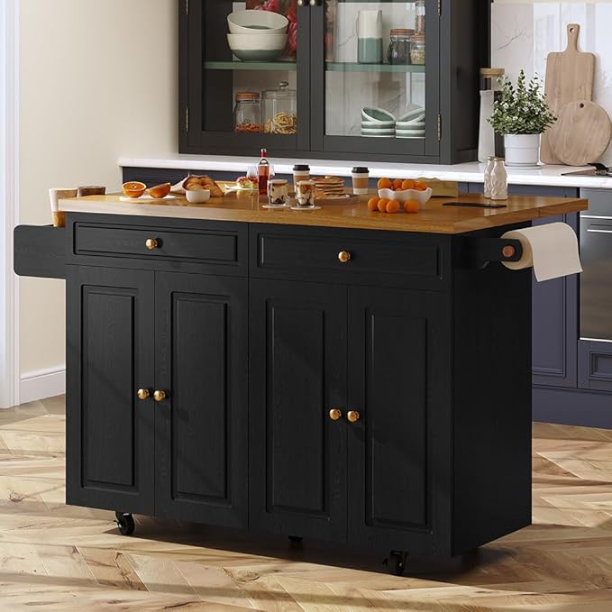 COCO DESIGN 60" Rolling Kitchen Cart with Power Strip & Drop Leaf, Thick Countertop, Large Storage Cabinet & Drawers, Mobile Island with Locking Wheels, Towel Rack and Spice Rack, Black and Oak