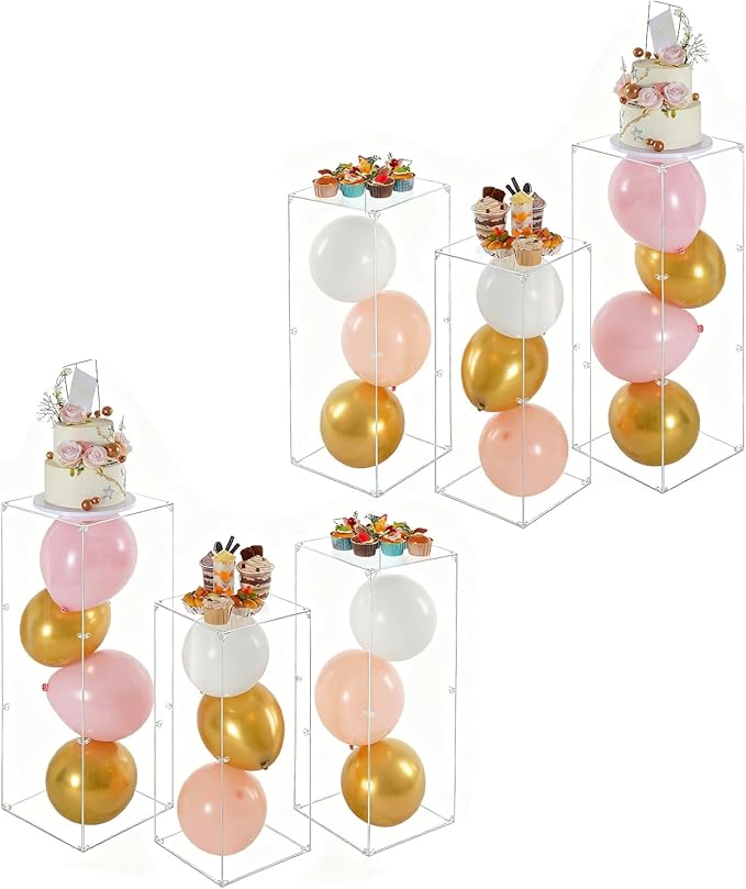 Vincidern 6pcs Acrylic Pedestal Stand for Party, Clear Lucite Square Display Pedestal for Flowers, Sculptures, Cake, Wedding, Events, Art Gallery, Party Decor 31.5*11.8''(2*L), 27.6*11.2''(2*M), 23.6*10.2''(2*S)