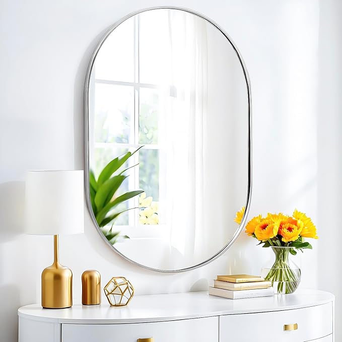 36x24 Mirror Runway Oval Wall Mounted Aluminum Alloy Metal Frame Rectangle Mirrors for Entryway Bedroom Bathroom Living Room 36 24 inch Silver