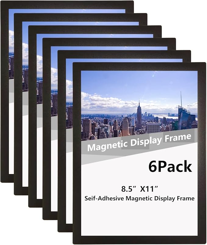 Magnetic Sign Holder 8.5 x 11, Self Adhesive Display Picture Frames Wall Sign Holder with Strong Magnetic Border Document Holder for Door Fridge Window Glass Restaurant Office (Black, 6 Pack)