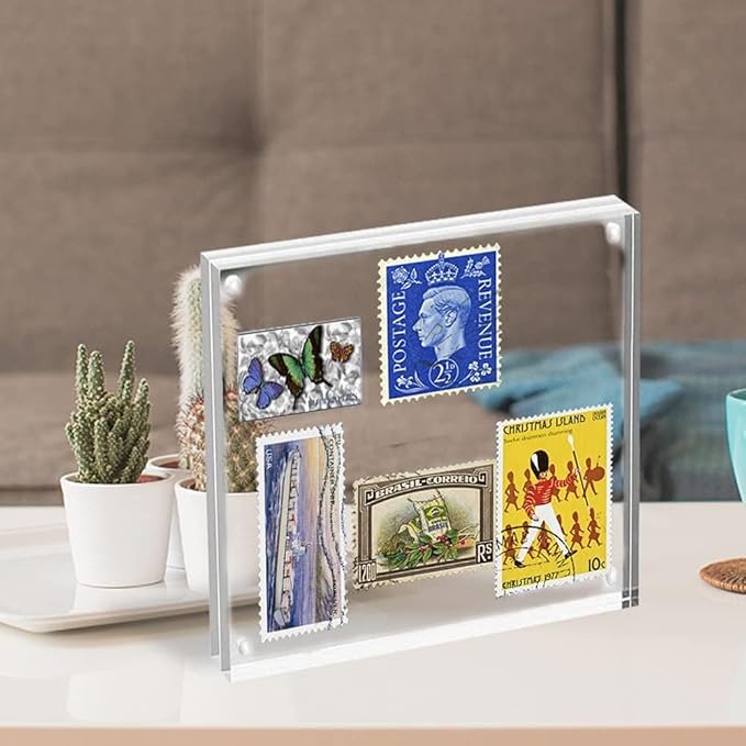ILYXY 5 Pack Acrylic Frame 5x5, 20% Thicker, 20mm Thick Frameless Clear Picture Frame, Double Sided Magnetic Photo Frame, Free Standing Desktop Display Stand Acrylic Picture Frames