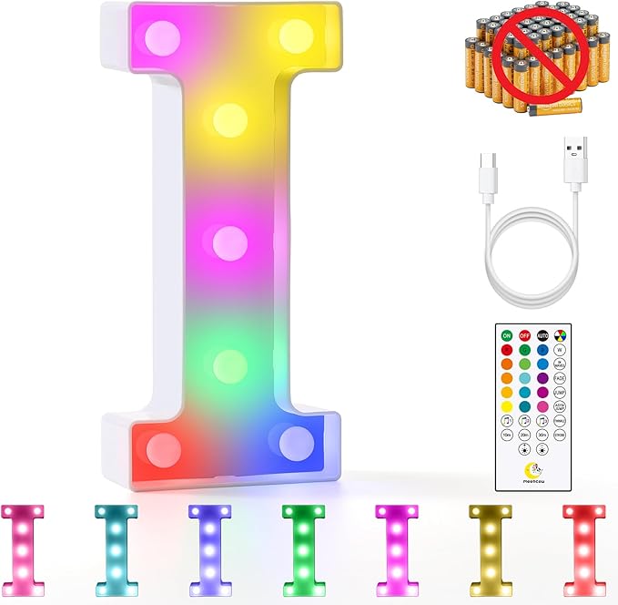 mooncow Rechargeable Light Up Letters,Colorful Marquee Letters with Remote,Gift Wrap Gifts,Bedroom Home Bar Party Decor (I)