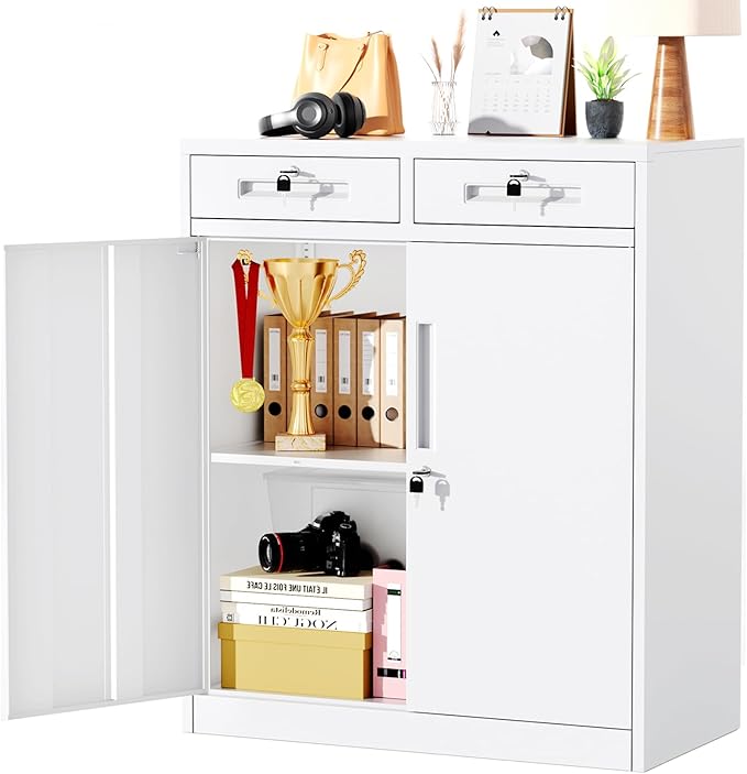 Greenvelly Metal Storage Cabinet with Drawers,42” White Cabinet Steel Garage Cabinet with 2 Doors and Adjustable Shelves, Lockable Storage Cabinet for Home Office, Garage, School, Apartment, Warehouse