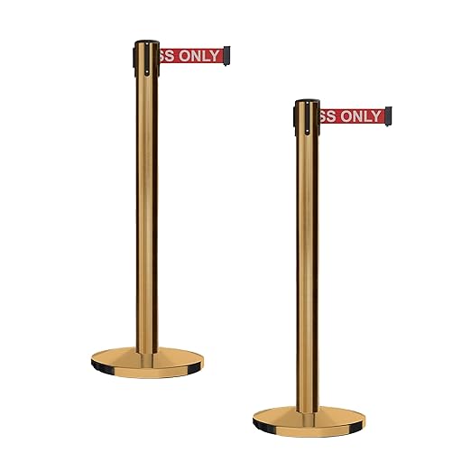 Montour Line MI650 Set of 2 Retractable Belt Barrier Stanchion, Cast Iron Base, Satin Brass Post (16 ft Red with"Authorized Access ONLY" White Letters Belt)