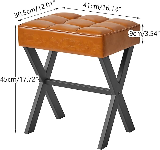 IBUYKE Square Makeup Stool with X-Leg Foot Rest, PU Footrest, Ottoman Seat, Multi-Use as Small Side Table, for Bedroom, Living Room, Light Brown LG-71J