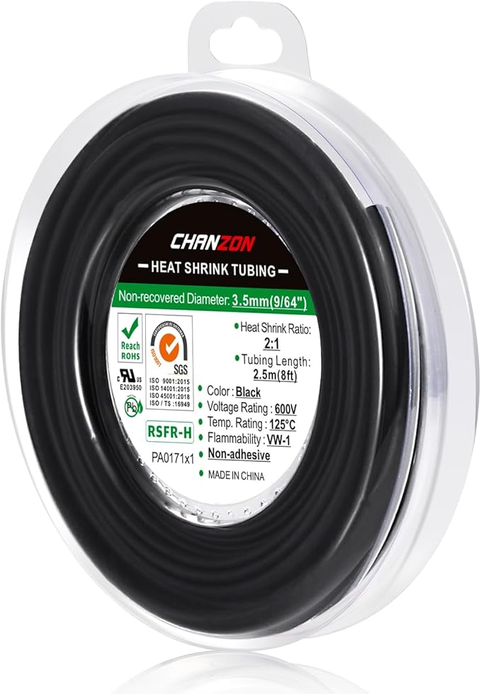 Chanzon 2:1 Ratio 9/64" (3.5mm) Heat Shrink Tubing 8Ft Roll (2.5M Total Length) Black Polyolefin Sleeving Wrap Shrinking 2 to 1 1pcs