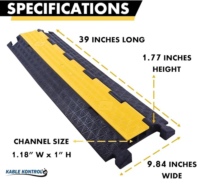 Kable Kontrol Atlas Cable Protector Wire Ramp - 2 Channel Bulk Wholesale Pallet - 20 Pcs - 39" Long Black & Yellow - 20,000 Lbs Load Capacity - Rubber Speed Bump Wire Protector Cord Cover - CP9972
