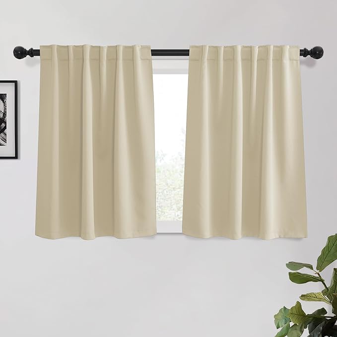 KGORGE 45 inch Curtains for Small Window, Privacy Solid Thermal Insulated Curtains Noise Reducing Window Drapes for Living Room Kitchen, Back Tab Rod Pocket, W52 x L45, Biscotti Beige, 2 Panels
