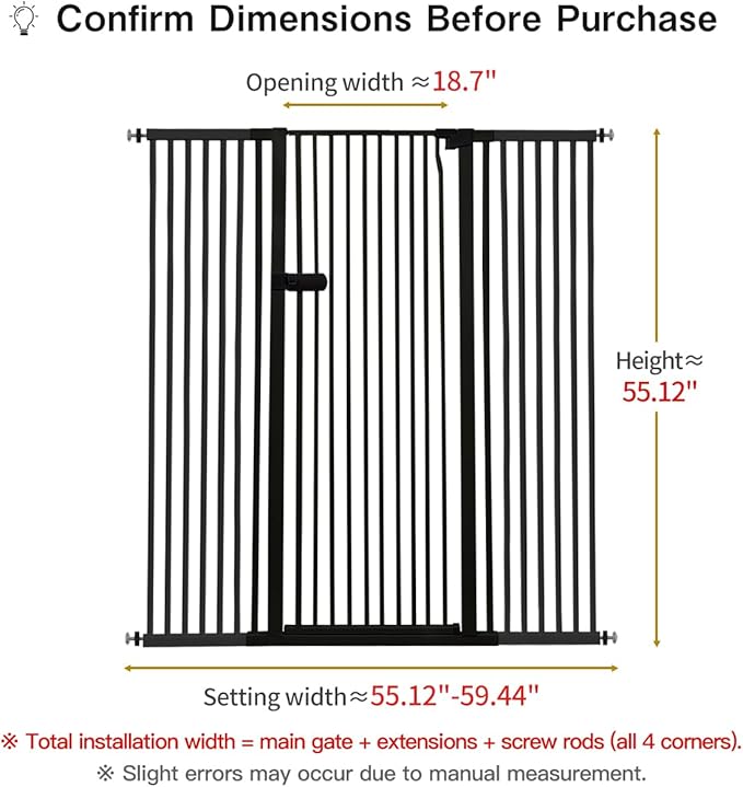 Lumizone Extra Tall Cat Gate 55.12" High Pressure Mounted Extra Wide 2025 New (17 Sizes) 1.37" Gap No Drilling Auto-Close One-Handed Operation Tall Pet Gate for Dogs(Black, 55.12" H x 55.12"-59.44" W)
