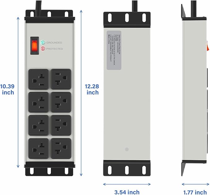 CCCEI 2PCS Heavy Duty Power Strip Surge Protector 20 AMP, 8 Outlets 12 Gauge Shop Garage Metal Multiple Outlets, 15 FT Extension Cord 5-15P Adapter High Amp 6-20R T-Slot 20a for Appliance Grey.