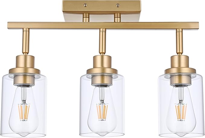 3-Light Gold Tracking Lights, Multi-Directional Rotating Ceiling Tracking Lighting Fixture with Clear Glass, Modern Bathroom Ceiling Vanity Lights Track Lighting Kits for Kitchen Accent Shop