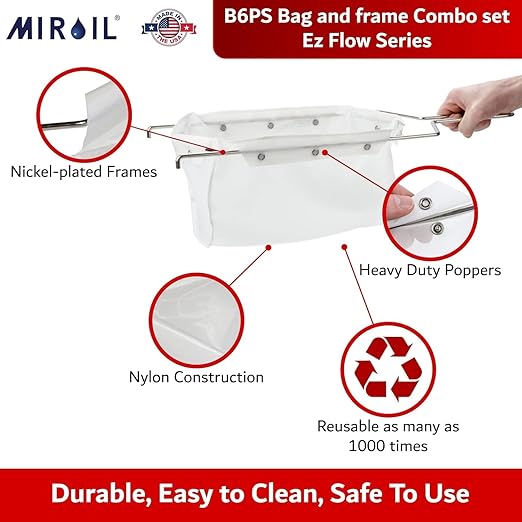 MirOil Filter Bag & Frame Combination Set for Silver Pots – Heavy-Duty Filter Compatible with MirOil 60L & 60LC Oil Pails, for Commercial Kitchen Shortening Filtration for Kitchen