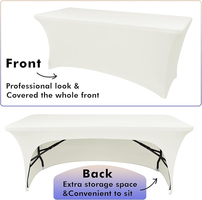 Nasitos 2 Pack 8 ft Ivory Table Cover Rectangle Table-Open Back Spandex Stretch Tablecloths Fitted Washable Fabric Wrinkle-Free, Trade Show Tablecloth for Parties, Birthday, Craft Show, Banquet