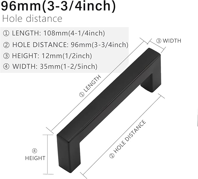 Cabinet Pulls Matte Black Cabinet Handles Square Drawer Pulls, 10 Pack 3-3/4 Inch Stainless Steel Kitchen Door Cupboard Cabinet Handles, Drawer Hardware Handles, 96mm Hole Centers