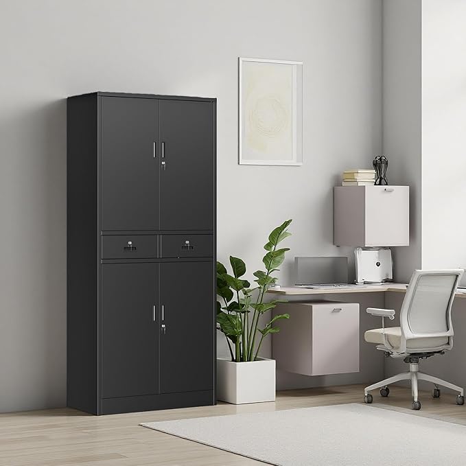 BESFUR 71" H Metal Storage Cabinet with 1 Lockable Drawer and 2 Lockable Doors, Garage Storage Cabinet with 2 Adjustable Shelves, Locking Cabinet for Garage, Office, School - Black