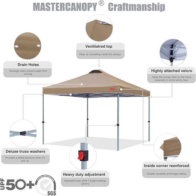 MASTERCANOPY Durable Pop-up Canopy Tent with Roller Bag (10x10, Khaki)