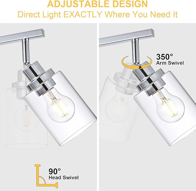 6-Light Track Lighting Kit Ceiling Kitchen Track Lighting Fixtures Chrome Bathroom Vanity Wall Lights with Clear Glass Multi-Directional Rotating Tracking Light Heads Spotlight for Accent Shop