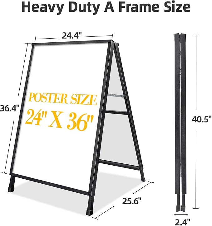 2 Pack Heavy Duty A-Frame Sidewalk Sign 24 x 36 Inch, Portable Double-Sided Sandwich Board Slide-in Folding Metal Signboard with 4 Plastic Poster Boards