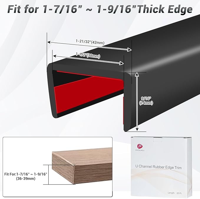 Rubber Edge Trim, 1-1/2 inch (38mm) Wide U Channel Edge Trim, Big Size U Shaped Trim, Self Adhesive Edge Banding for Plywood, Woods,Interior Doors, Countertop, Length 20Ft, Black