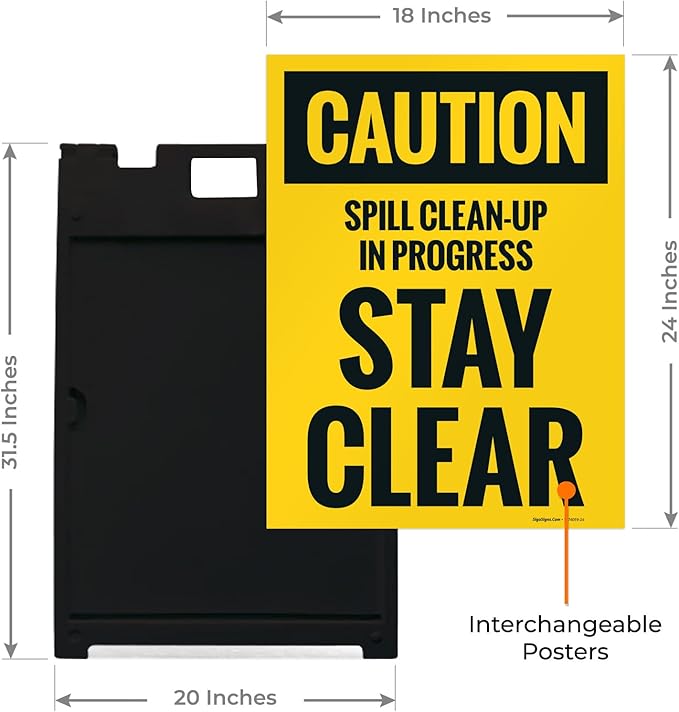 Caution Spill Cleanup in Progress Stay Clear Sidewalk Sign Kit, 18x24 Inches, with A Frame Stand, Made in USA