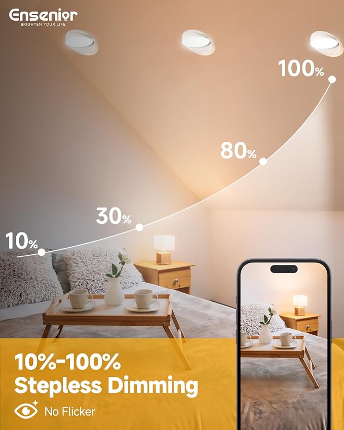 Ensenior 4 Pack 6 inch 5CCT LED Eyeball Recessed Lighting, 360°+90° Rotatable, Dimmable Gimbal Recessed Lights, Canless Angled Adjustable Ceiling Downlight, 1300LM, 12W=115W, 120V - ETL&FCC