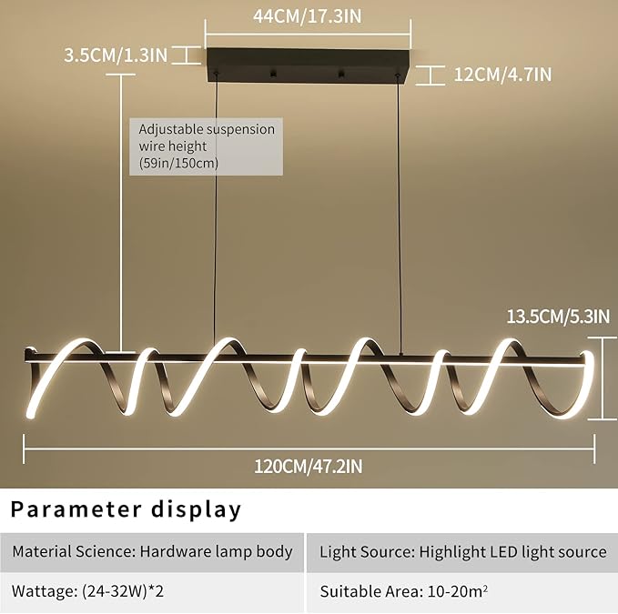 Modern Design Dimmable Desk Linear Pendant Light, with Remote Control Dimmable 3 Color Mode & Brightness Ceiling Lamp, Anti-Flicker Dining Light Fixture for Kitchen（47IN）