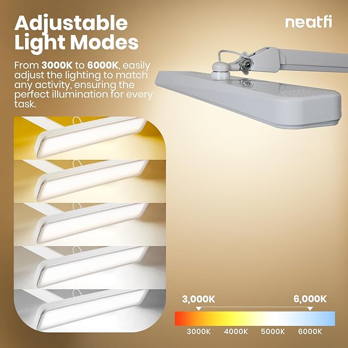 Neatfi (New Model) XL 2,500 Lumens LED Task Lamp with Clamp, 5 Light Modes, 3000-6000K Correlated Color Temperature, 30W, Dimmable, 324 Pcs SMD LED, Desk Light for Home, Office (CCT, White)