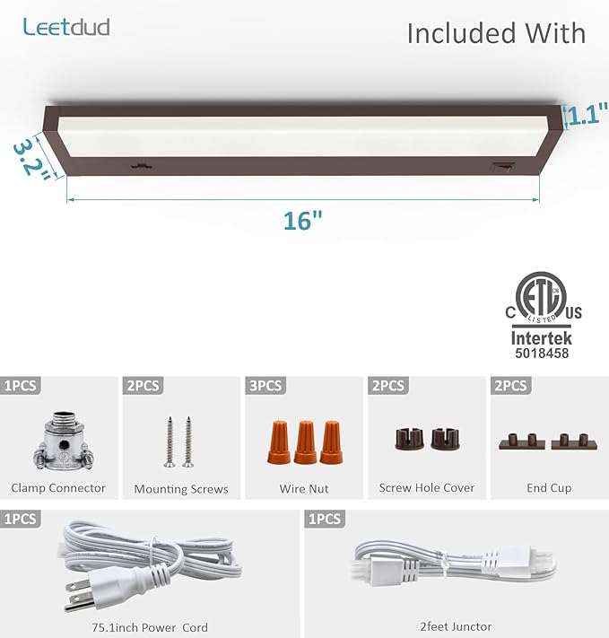 LED Under Cabinet Lighting Hardwired or Plug in, 16 Inch 8W, Dimmable 5 Color 2700K/3000K/3500K/4000K/5000K, Linkable Eyes Care Design Counter Lights for Kitchen, Sink, ETL Listed, Bronze