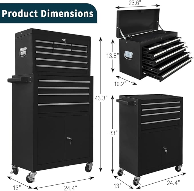 13-Drawer Rolling Tool Chest with Double Door, Extra Large Storage Cabinets with Tool Box, 2-in-1 Detachable Design, 600 lbs Capacity with Lockable Wheels for Garage, Mechanic, Professional & Home Use